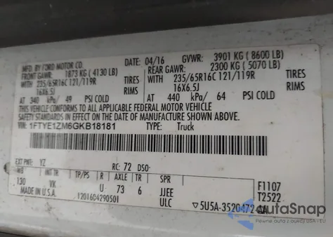 2016 Ford Transit-150 z USA, uszkodzony, nr VIN 1FTYE1ZM6GKB18181